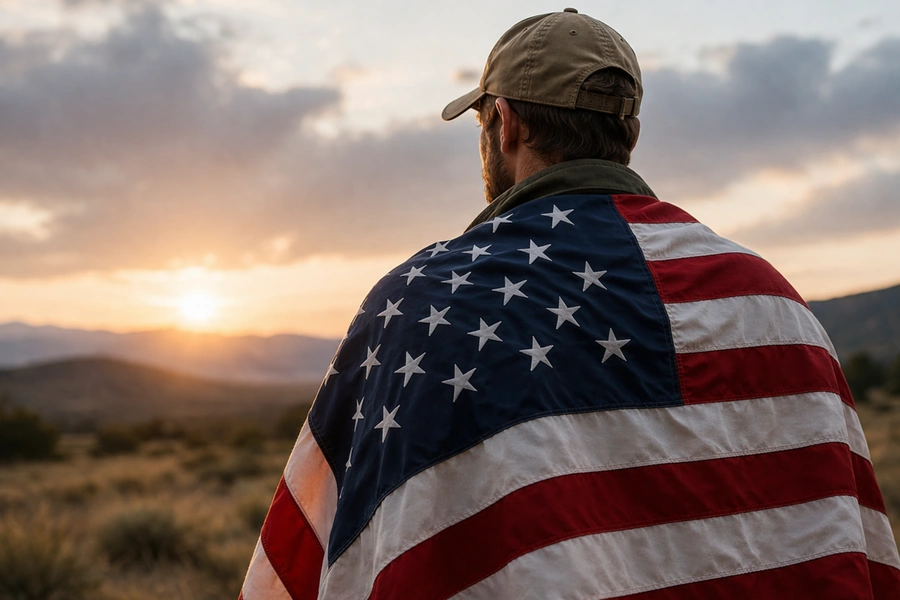 Veteran standing outdoors wrapped in an American flag at sunset in a mountain landscape
